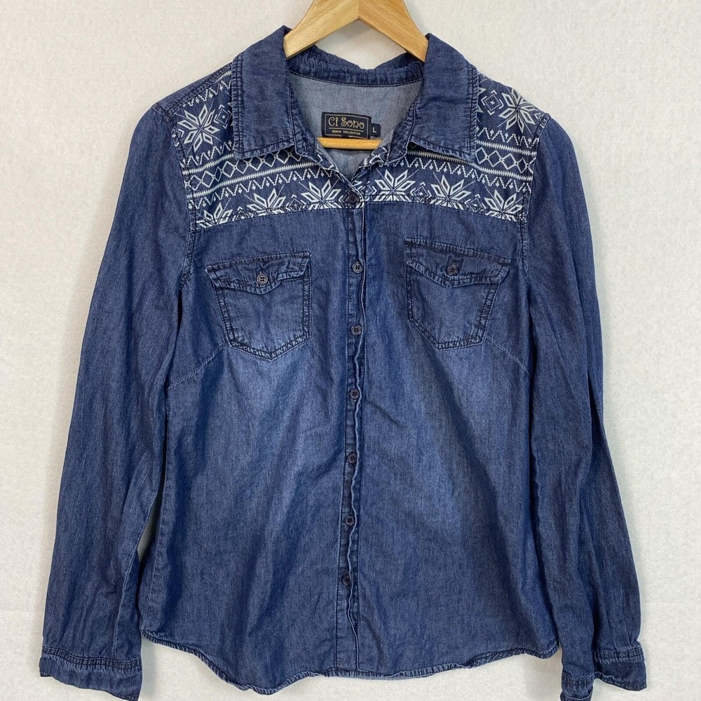 Ci Sono Women L Button Up Shirt Blue Snowflake Print Denim Western Long Sleeve - Picture 2 of 15